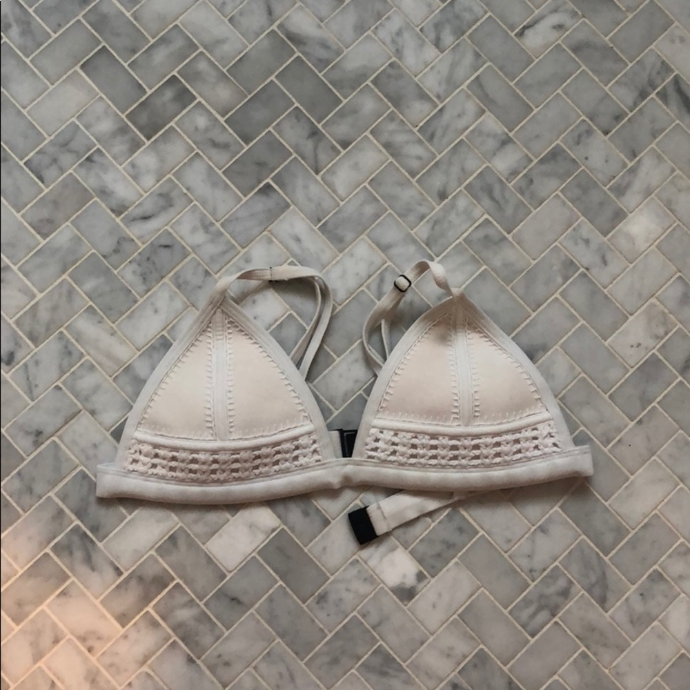 triangl swim top in white with crochet